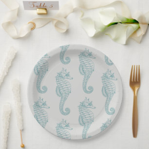 Assiettes En Carton Chevaux de mer tropicaux, Motif hippocampe - gris 