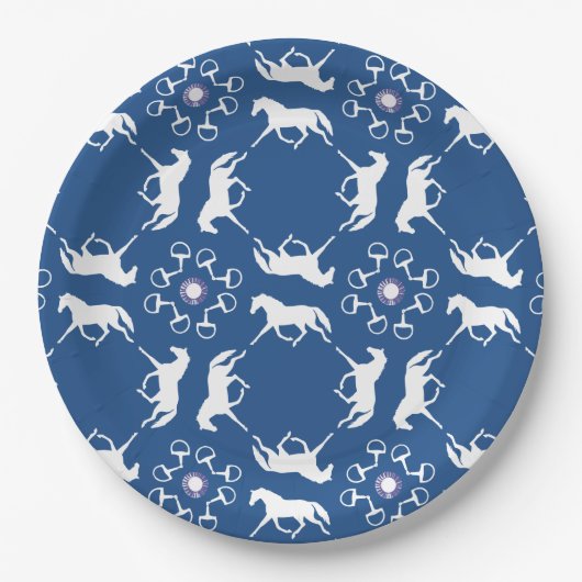 Assiettes En Carton Chevaux de Trot bleu et Motif de Bits (Devant)