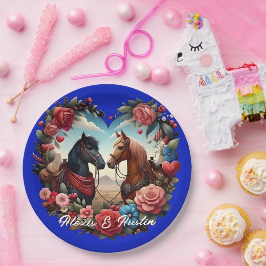Assiettes En Carton Chevaux en bleu coeur (Fête)