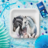Assiettes En Carton Chevaux noir et blanc en aquarelle (Fête)