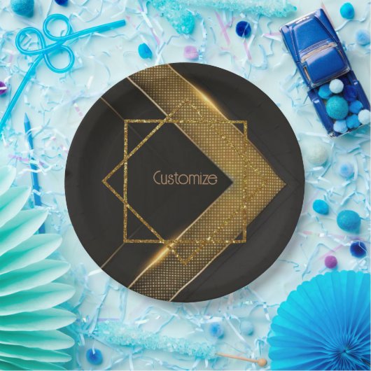 Assiettes En Carton Chevron Noir Et Or (Fête)