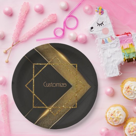Assiettes En Carton Chevron Noir Et Or (Fête)
