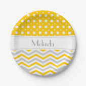 Assiettes En Carton Chevron & pois modernes jaune, gris, blanc (Devant)