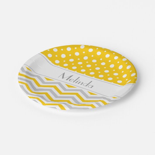 Assiettes En Carton Chevron & pois modernes jaune, gris, blanc (Angle)