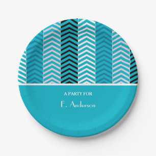 Assiettes En Carton Chevron Turquoise Moderne Grilles Avec Nom