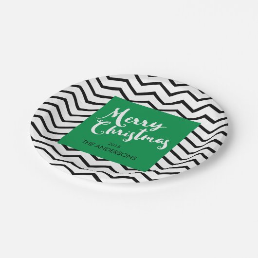 Assiettes En Carton Chevron vert et noir, Joyeux Noël personnalisé (Angle)