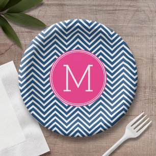 Assiettes En Carton Chevrons bleu marine et magenta sur mesure Monogra