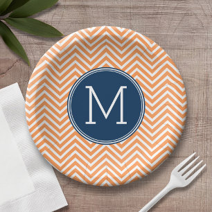 Assiettes En Carton Chevrons de marine et d'orange avec Monogramme per