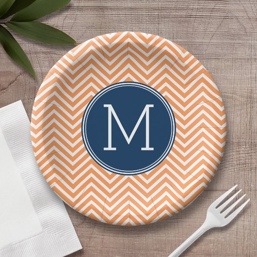 Assiettes En Carton Chevrons de marine et d'orange avec Monogramme per