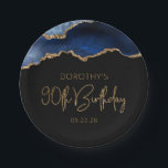 Assiettes En Carton Chic Agate Geode Blue Gold 90th Birthday Party<br><div class="desc">Ces plaques élégantes et glamour de 90ème anniversaire de fête ont une aquarelle image d'une géode d'agate dans les tons bleu avec des reflets de parties scintillant d'or. Les mots "90th Birthday" apparaissent dans la parties scintillant en faux or dans une police décorative moderne d'écriture manuscrite. Customisez-le avec le nom...</div>