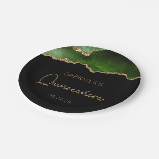 Assiettes En Carton Chic Agate Géode Vert Or Quinceañera (Angle)