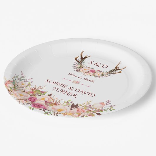 Assiettes En Carton Chic Aquarelle Rose Blush Floral Cerf Mariage (Angle)