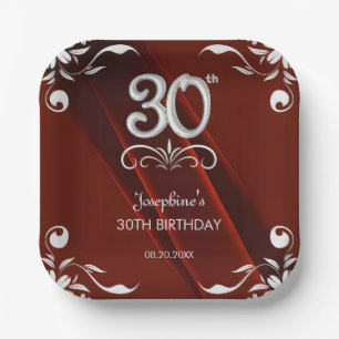 Assiettes En Carton Chic Argent Cadre Floral Bourgogne 30e anniversair