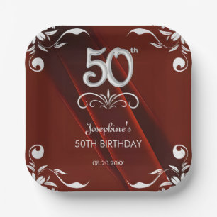 Assiettes En Carton Chic Argent Cadre Floral Bourgogne 50e anniversair