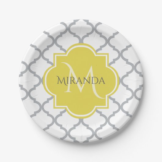 Assiettes En Carton Chic Blanc Gris Quatrefoil Jaune Nom Monogramme (Devant)