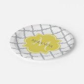 Assiettes En Carton Chic Blanc Gris Quatrefoil Jaune Nom Monogramme (Angle)