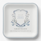 Assiettes En Carton Chic Bleu Fleur sauvage Aquarelle Crest Graduation (Recto)