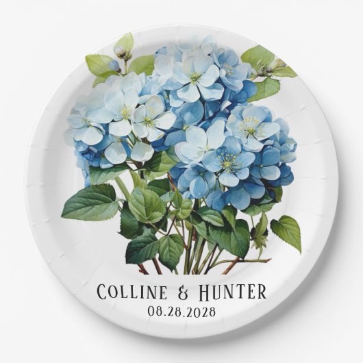 Assiettes En Carton Chic Blue Hydrangea Floral Mariage (Devant)