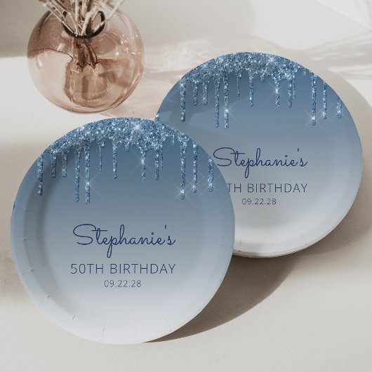 Assiettes En Carton Chic Blue Parties scintillant Drip 50th Birthday P
