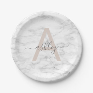 Assiettes En Carton Chic Blush Pink White Marble Script Nom monogram