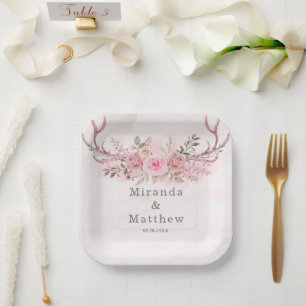 Assiettes En Carton Chic Blush Rose Sage Deer Antlers Mariage Floral