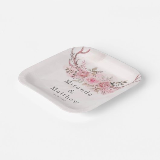 Assiettes En Carton Chic Blush Rose Sage Deer Antlers Mariage Floral (Angulaire)