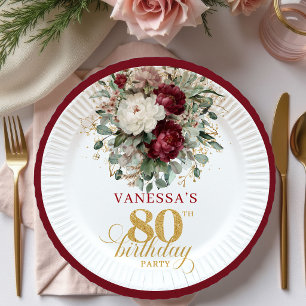 Assiettes En Carton Chic Boho Bourgogne Floral Or 80e Anniversaire Pap