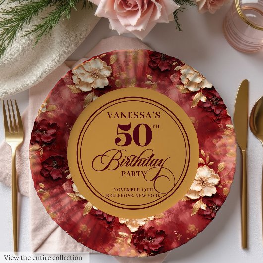 Assiettes En Carton Chic Boho Marsala Blush Gold 50e anniversaire