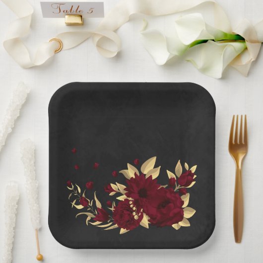 Assiettes En Carton Chic bordeaux et or noir (Mariage)