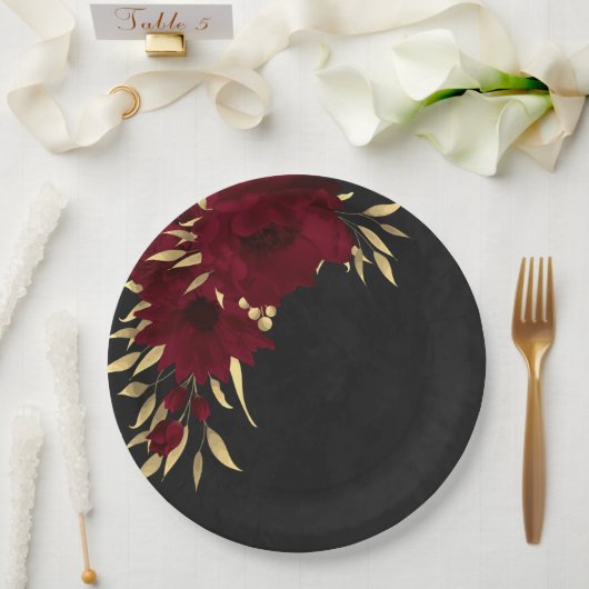 Assiettes En Carton Chic bordeaux et or noir (Mariage)
