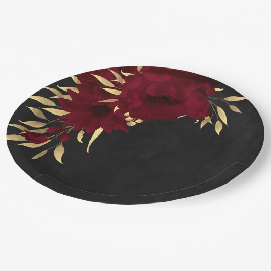 Assiettes En Carton Chic bordeaux et or noir (Angle)