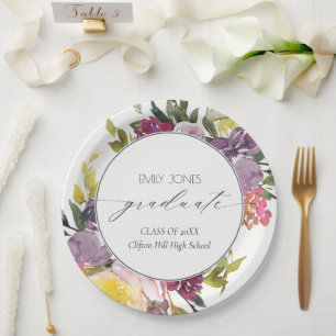 Assiettes En Carton Chic Bourgogne jaune rose floral photo Graduation