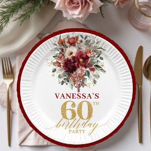 Assiettes En Carton Chic Bourgogne Or Automne Floral 60e Anniversaire