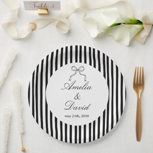Assiettes En Carton Chic Bow Minimalist Stripe Black White (Mariage)