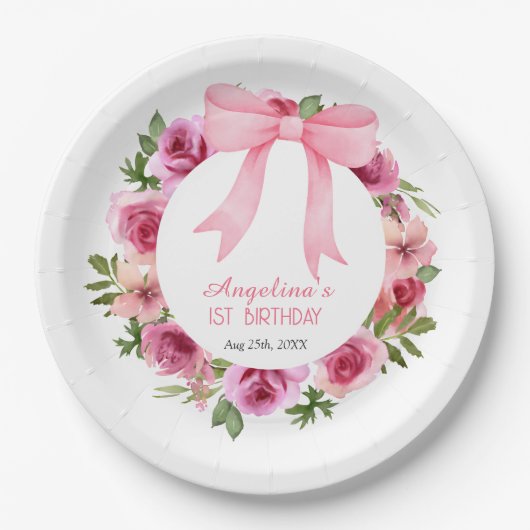 Assiettes En Carton Chic Bow rose Rose Floral Anniversaire (Devant)