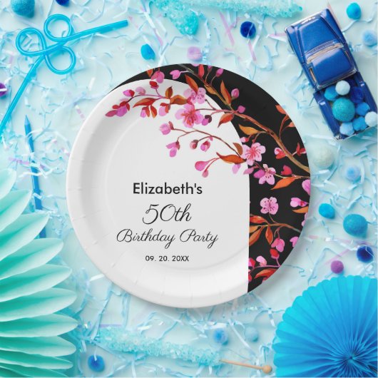 Assiettes En Carton Chic cerise en fleurs Sakura noir blanc anniversai (Fête)