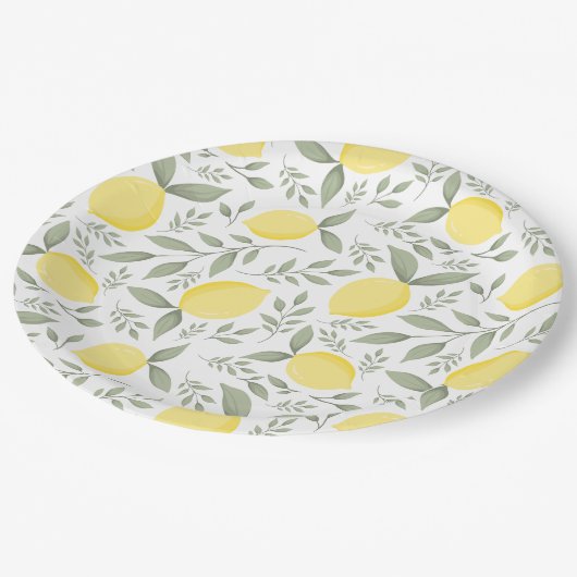 Assiettes En Carton Chic citron et Motif Feuille Monogramme (Angle)