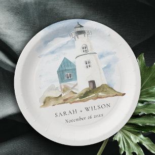 Assiettes En Carton Chic Dusky Aqua Mariage de montagne du phare bleu