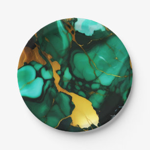 Assiettes En Carton Chic Elegant vert foncé jaune Faux Marble