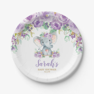 Assiettes En Carton Chic Éléphant Floral Violet Fille Baby Shower