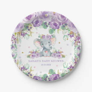 Assiettes En Carton Chic Éléphant Floral Violet Fille Baby Shower