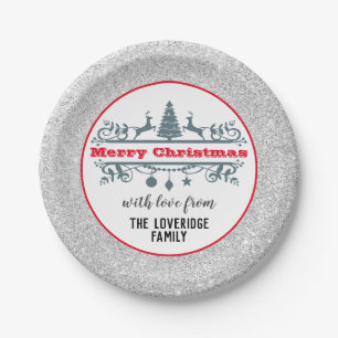 Assiettes En Carton Chic et festif Rouge Joyeux Noël Paillettes argent
