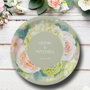 Assiettes En Carton Chic Floraux Aquarelles Mariage Vert Sage