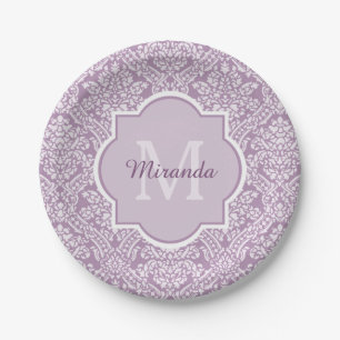 Assiettes En Carton Chic Lavande Purple Damask Monogramme Avec Nom