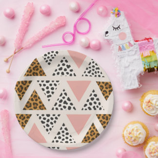 Assiettes En Carton Chic Leopard & Pink Triangle Pattern