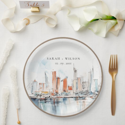 Assiettes En Carton Chic Miami Floride Skyline Mariage d'aquarelle (Mariage)