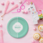 Assiettes En Carton Chic Mint Green Houndstooth avec Monogramme et nom (Fête)