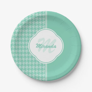 Assiettes En Carton Chic Mint Green Houndstooth avec Monogramme et nom