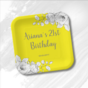 Assiettes En Carton Chic Moderne Jaune Lumineux Blanc Floral Anniversa