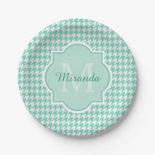 Assiettes En Carton Chic Monogram Mint Green Houndstooth Avec Nom
